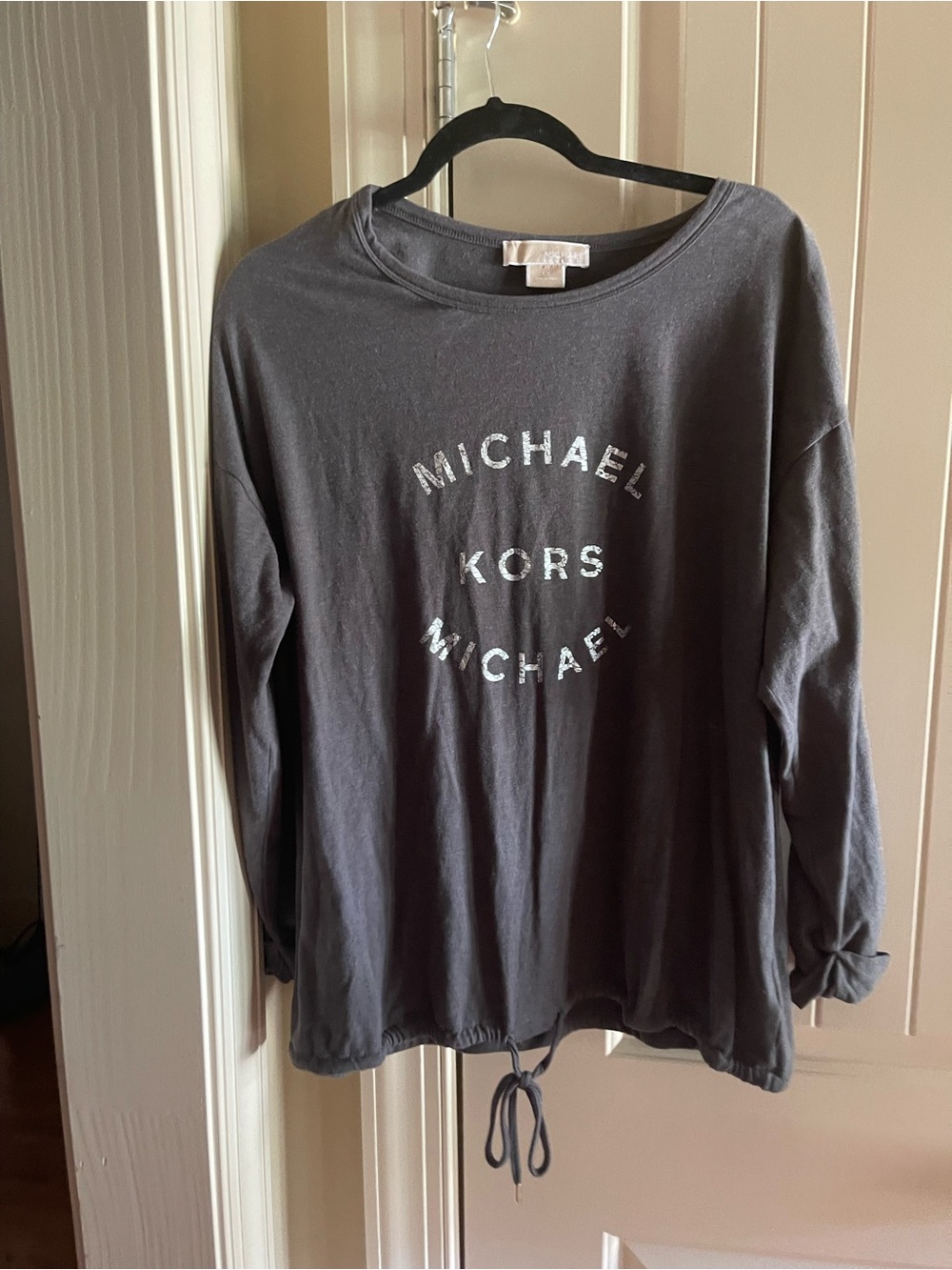 Michael Kors Dark Gray Logo Drawstring Long Sleeve Top